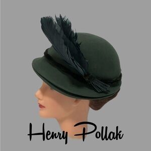 HENRY POLLAK Famous Ferry Furs Vintage Green Wool Cloche Hat with Feathers